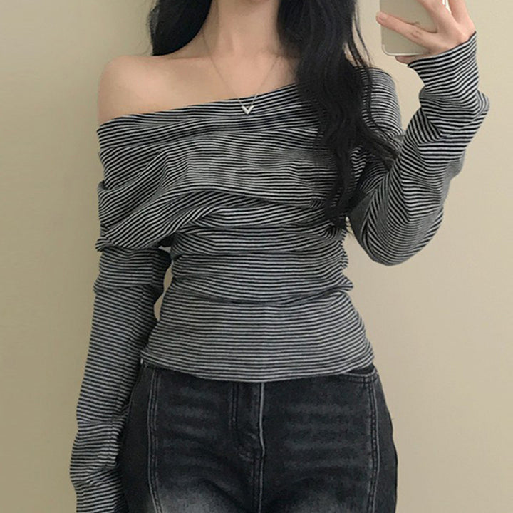 Women's asymmetrical off-shoulder long sleeve shirt with tailored gathering and slim stretch fit Mune Fashion