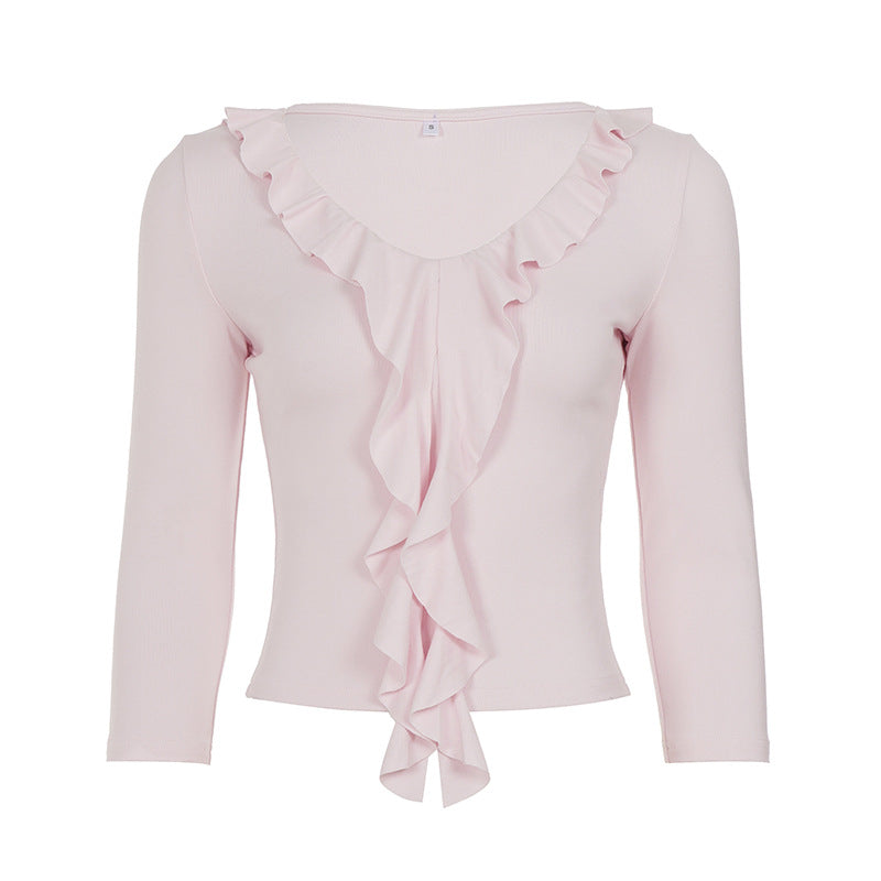 Women tailored long sleeve shirt with deep V-neck and inserted ruffle Mune Fashion