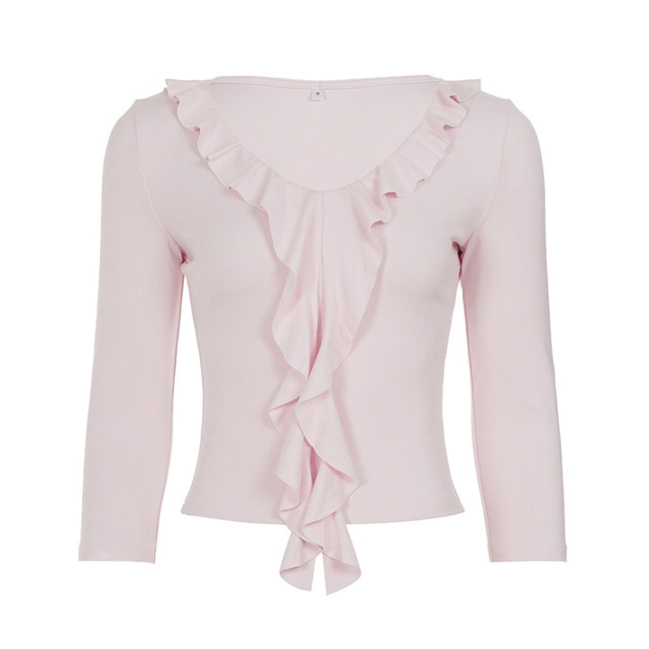 Women tailored long sleeve shirt with deep V-neck and inserted ruffle Mune Fashion