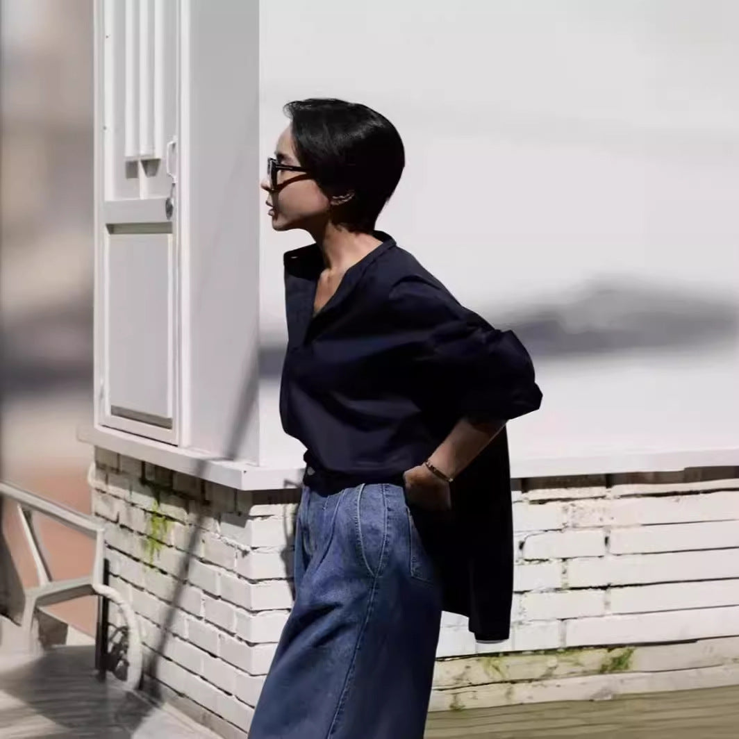 Women's boxy shirt with short stand-up collar, dropped shoulder, and extended back Mune Fashion