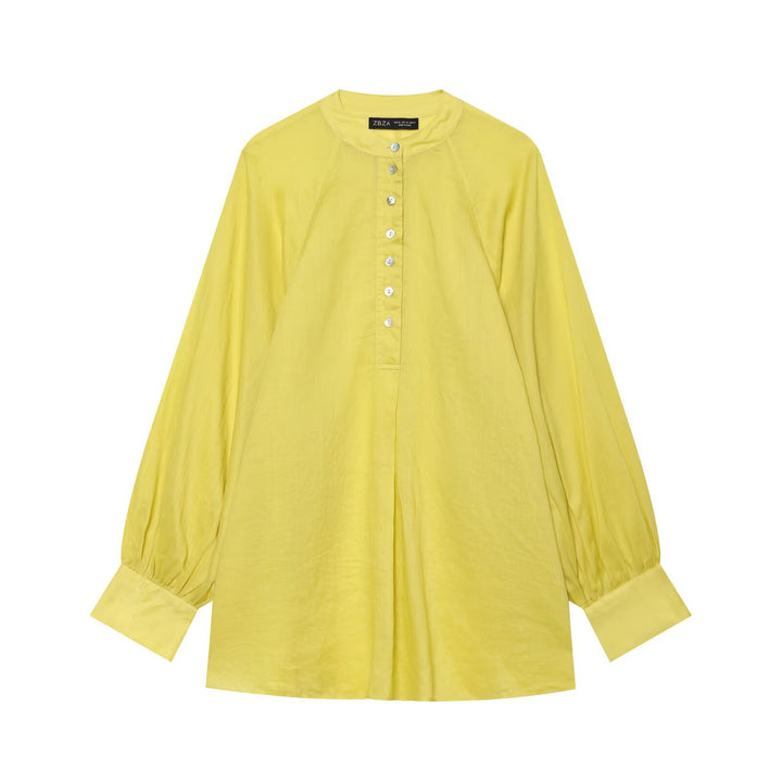 Women Oversized Blouse with Stand Collar, Continuous Button Placket and Balloon Sleeves Mune Fashion