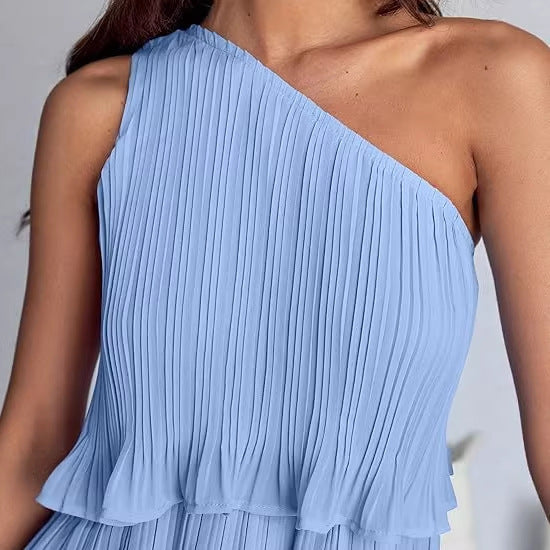 Women's Sleeveless Pleated Tiered Dress with Asymmetrical Shoulder Mune Fashion