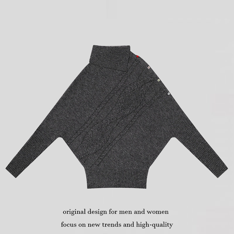 Women's oversized sweater with roll neck, asymmetric shoulder button placket and cable knit details Mune Fashion