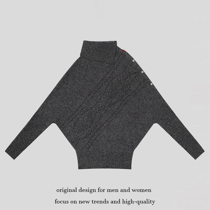 Women's oversized sweater with roll neck, asymmetric shoulder button placket and cable knit details Mune Fashion
