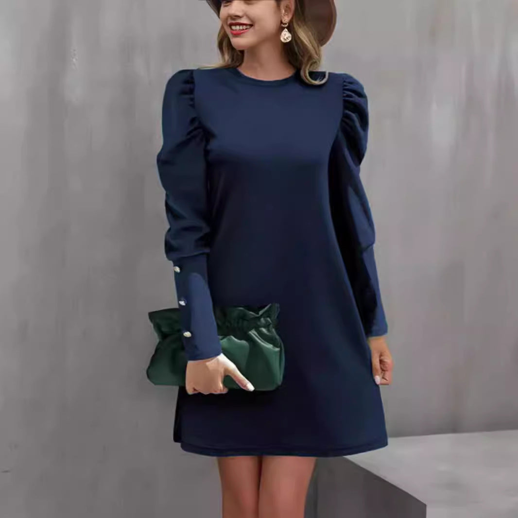Ladies elegant A-line mini dress with gathered puff sleeves and decorative cufflinks Mune Fashion