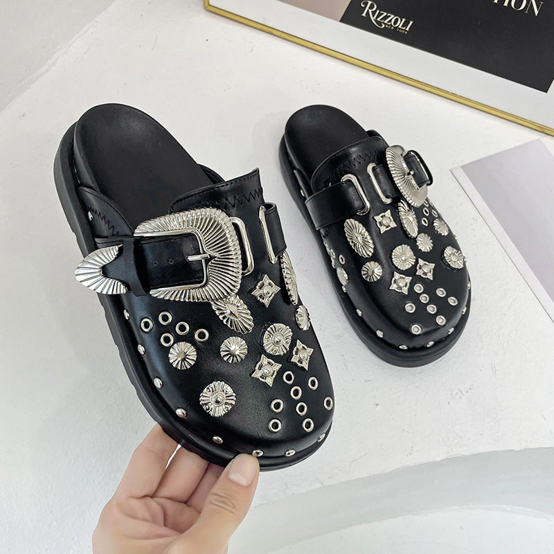 Ladies' embellished slip-on clogs with metallic conchos, large decorative buckle, and ergonomic footbed Mune Fashion
