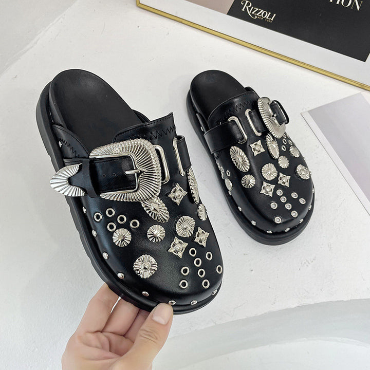 Ladies' embellished slip-on clogs with metallic conchos, large decorative buckle, and ergonomic footbed Mune Fashion