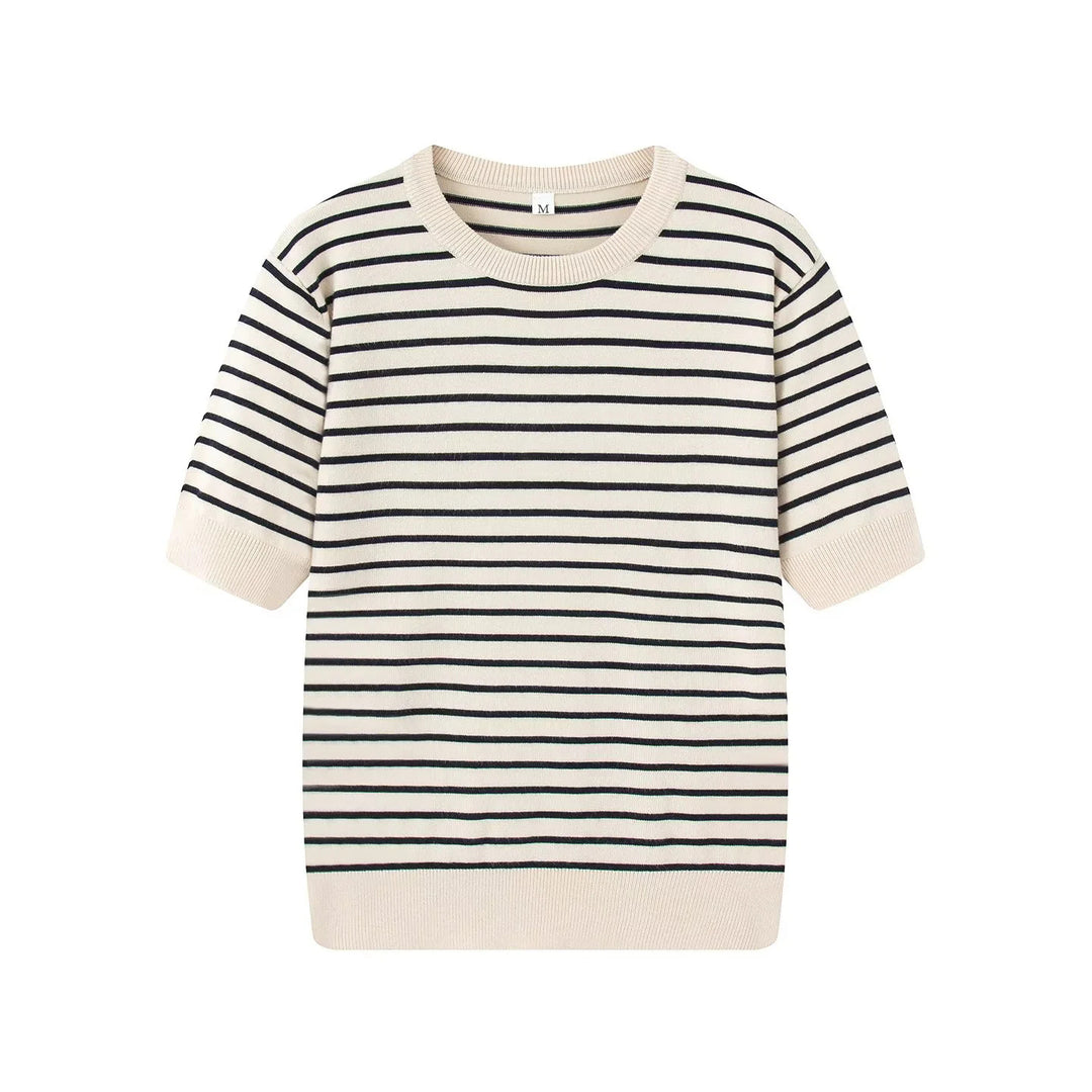 Women knitted striped fine knit cardigan with round neckline and full button placket Mune Fashion
