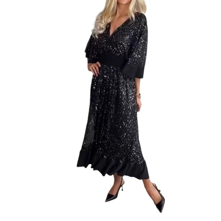 Women's shimmering evening maxi dress with kimono sleeves and waist-emphasizing waistband Mune Fashion