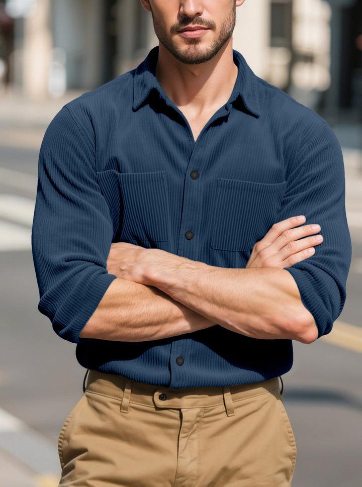 Men's textured casual overshirt with fine vertical ribbing, kent collar and patch chest pockets Mune Fashion