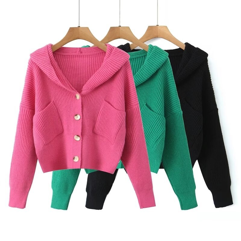 Women's Short Ribbed Knit Cardigan with Wide Hood Collar and Patch Pockets Mune Fashion