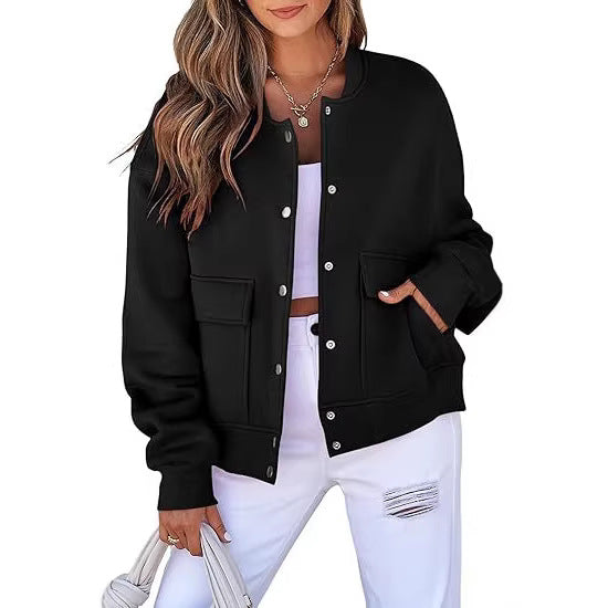 Women's casual oversized bomber jacket made of sweatshirt fabric with snap button placket and patch pockets Mune Fashion