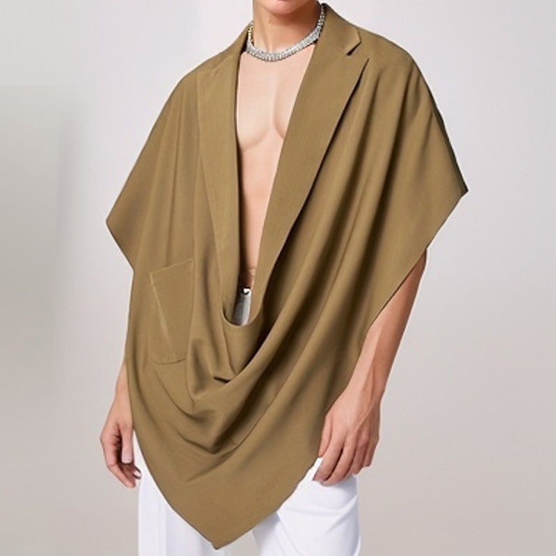 Women's Cape Blazer with shawl collar, open front, patch pocket, and pointed hem Mune Fashion