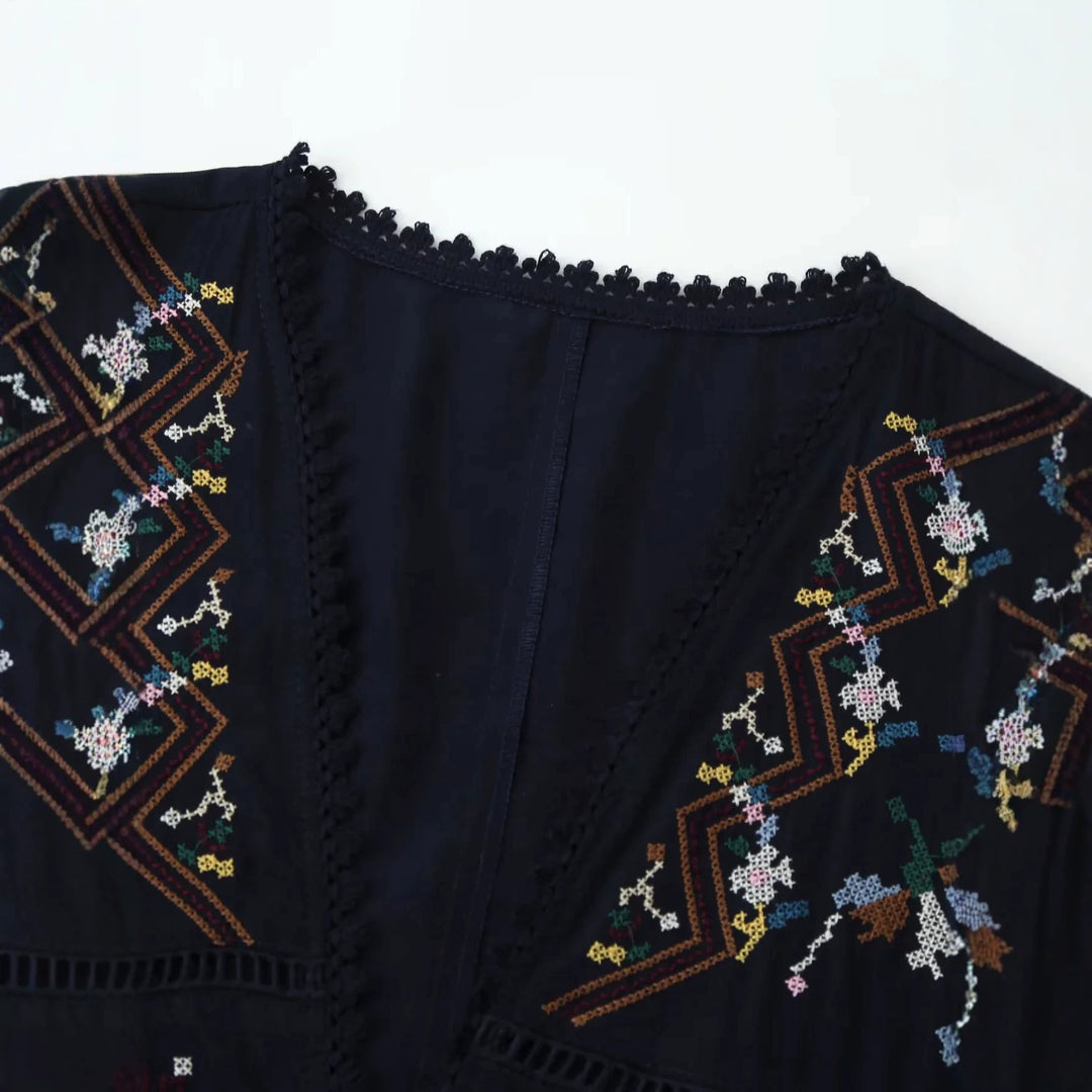 Women embroidered Kimono jacket with tie belt, crochet trim and elbow-length sleeves Mune Fashion