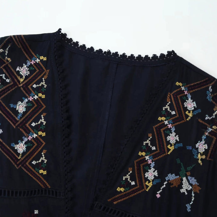 Women embroidered Kimono jacket with tie belt, crochet trim and elbow-length sleeves Mune Fashion