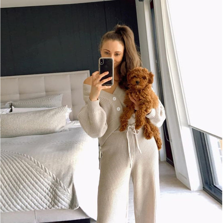 Women Ribbed Knit Loungewear Set with Buttoned Cropped Cardigan and High-Waist Drawstring Pants Mune Fashion