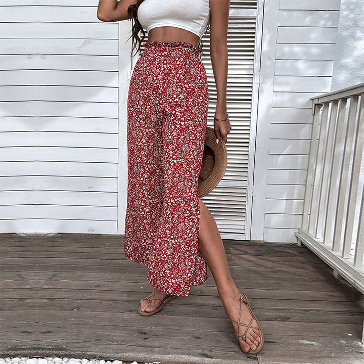 Women's wide high-cut palazzo pants with floral pattern and side leg slit Mune Fashion