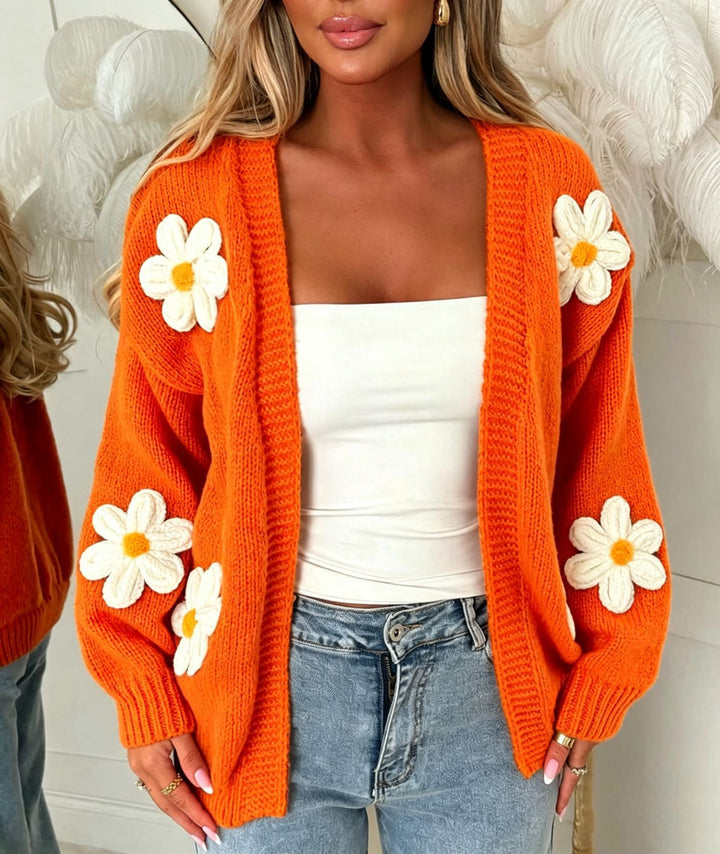Women’s Oversize Knit Cardigan with 3D Flower Appliqués and Ribbed Hem Mune Fashion