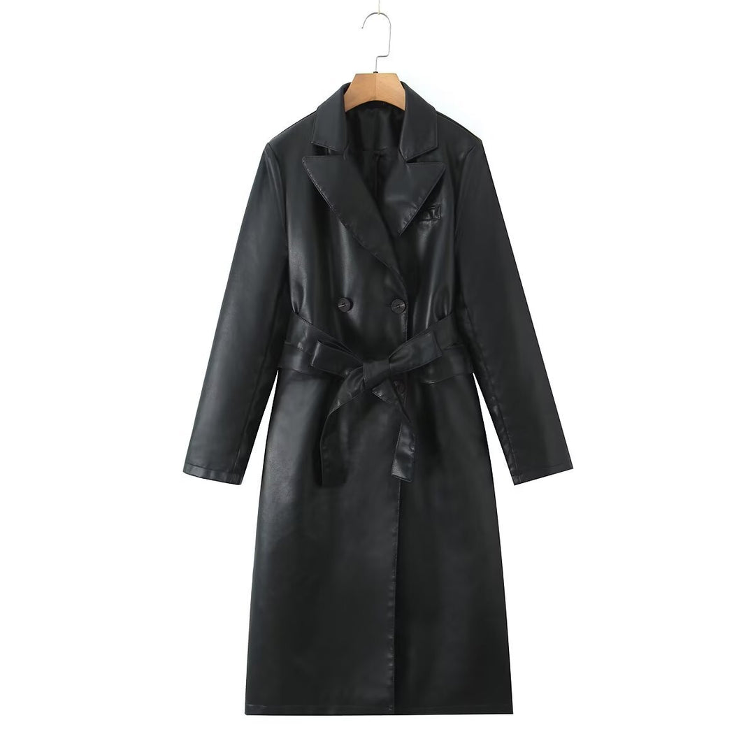 Women's Longline Faux Leather Trench Coat with Double-Breasted Button Placket and Waist Belt Mune Fashion