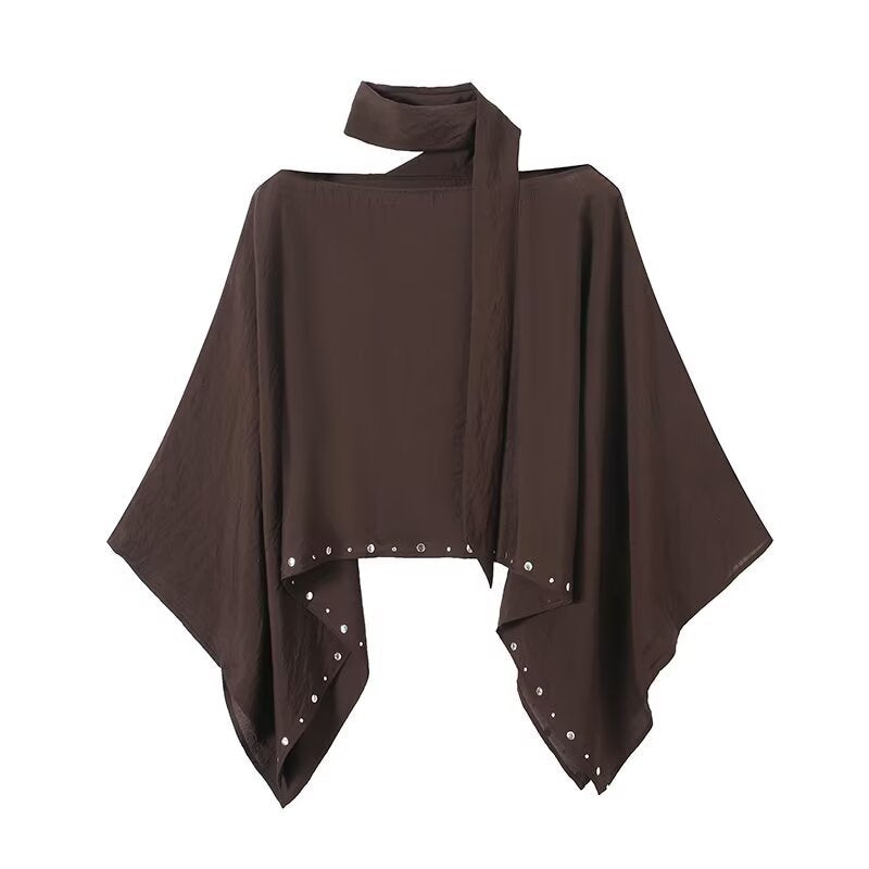 Women Asymmetrical Poncho Cape with Ties and Grommet Trim Mune Fashion