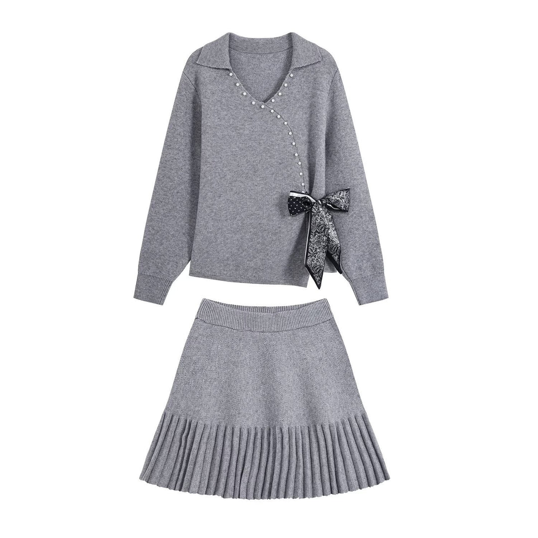 Ladies Two-Piece Fine Knit Set with V-Wrap Top, Bead Trim and Pleated Midi Skirt Mune Fashion