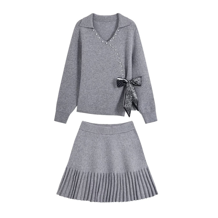 Ladies Two-Piece Fine Knit Set with V-Wrap Top, Bead Trim and Pleated Midi Skirt Mune Fashion