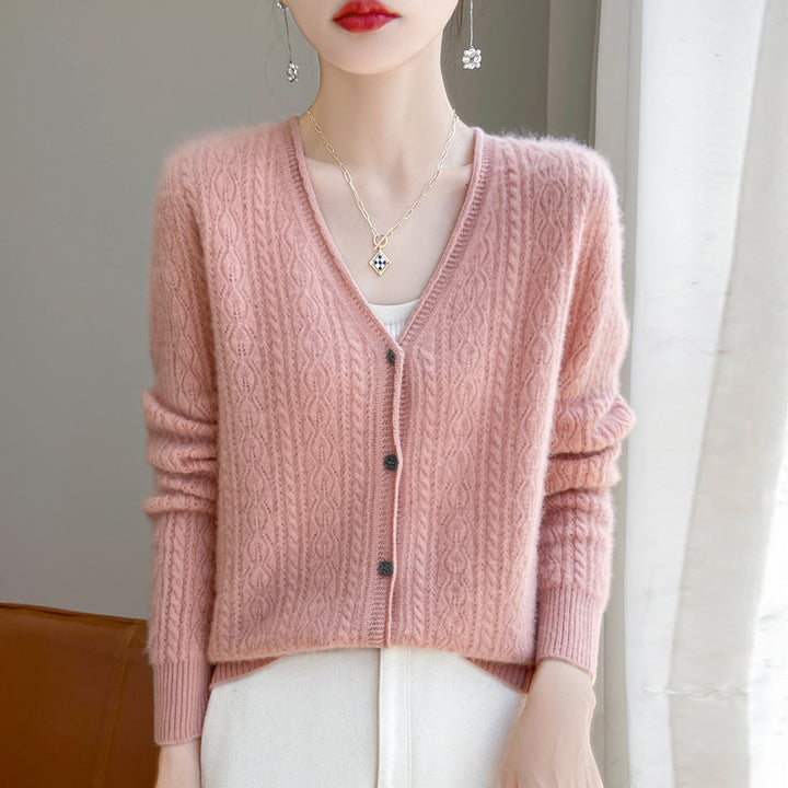 Women's Short Cable Knit Cardigan in Mohair Look with V-Neck and Ribbed Cuffs Mune Fashion