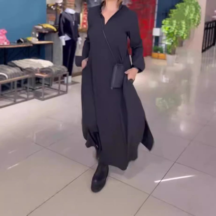 Women's flowing maxi dress with V-neck, boxy A-line, and long sleeves Mune Fashion