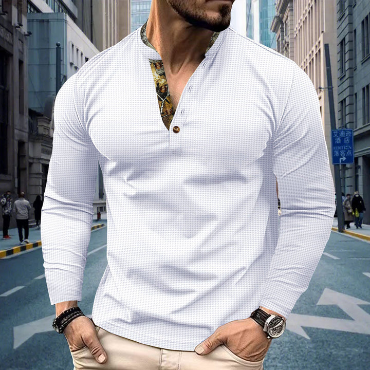 Men's long-sleeved Henley shirt with stand-up collar and patterned button placket trim Mune Fashion