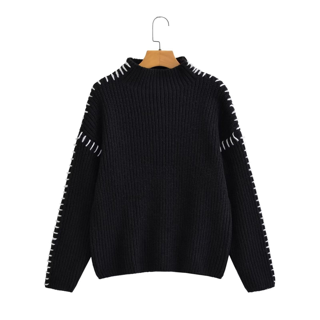 Women's Oversize Knit Sweater with Stand Collar, Balloon Sleeves and Decorative Stitch Mune Fashion