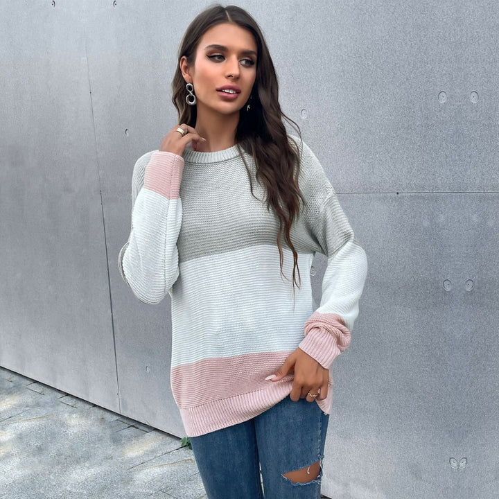 Women's Oversized Waffle Knit Sweater with Block Stripe Optics, Raglan Sleeves and Ribbed Cuff Mune Fashion