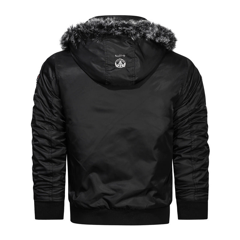 Men's faux fur lined pilot bomber jacket with faux fur hood, multifunctional zippered pockets, and warm thermal lining Mune Fashion