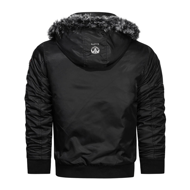 Men's faux fur lined pilot bomber jacket with faux fur hood, multifunctional zippered pockets, and warm thermal lining Mune Fashion