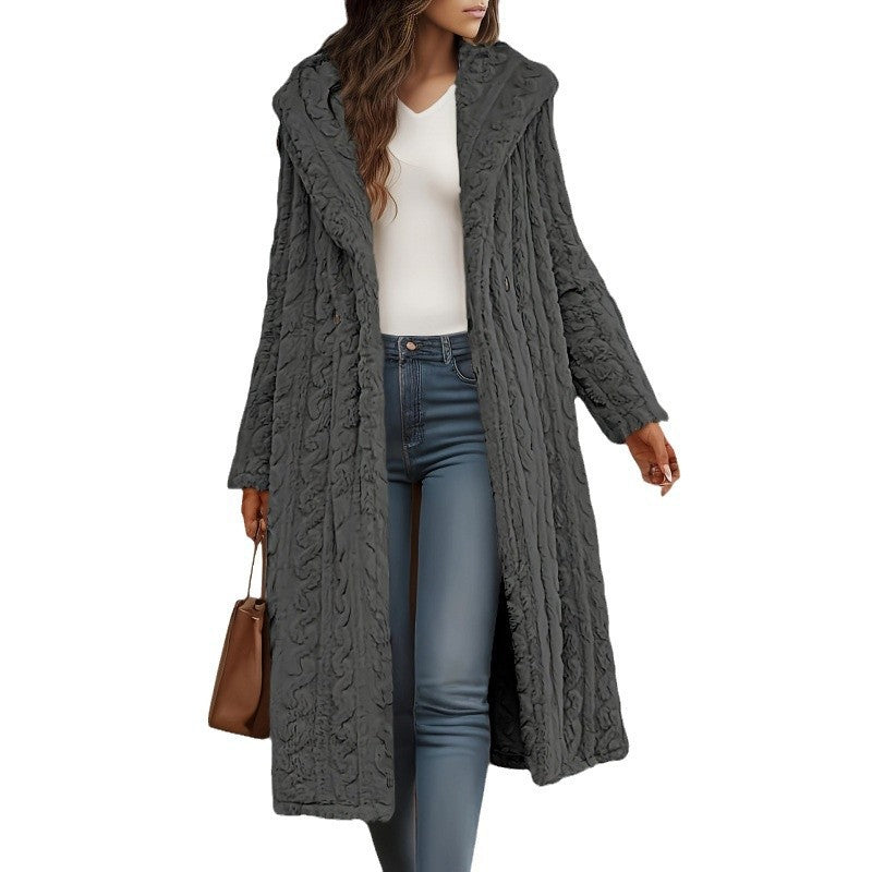 Women's Long Hooded Teddy Coat with Cable Knit Look Mune Fashion