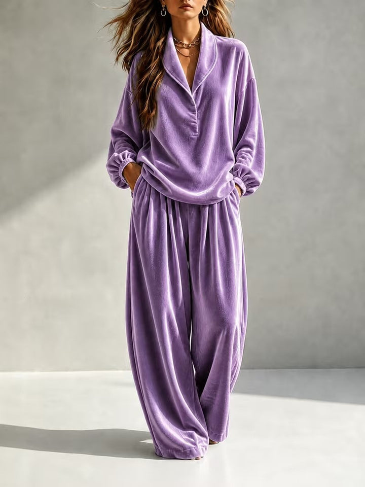 Women's Luxurious Velour Loungewear Set with Shawl Collar and Wide Palazzo Pants Mune Fashion