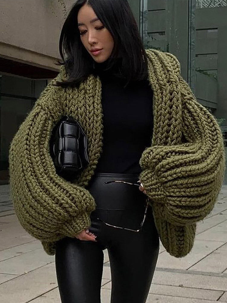 Women Oversize Chunky Knit Cardigan with Large Hood & Voluminous Sleeves Mune Fashion