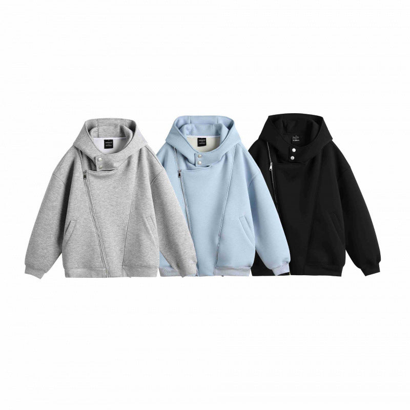 Unisex Oversize Hoodie Jacket with Asymmetrical Zipper and High Stand-Up Collar Mune Fashion