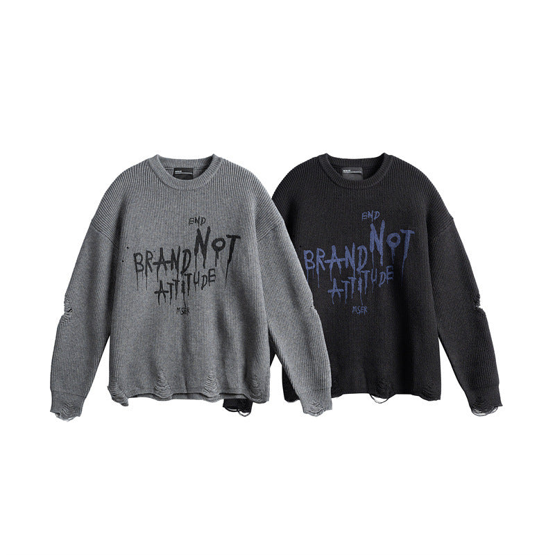 Unisex Oversize Knitted Sweater with Destroyed Details and Statement Print Mune Fashion
