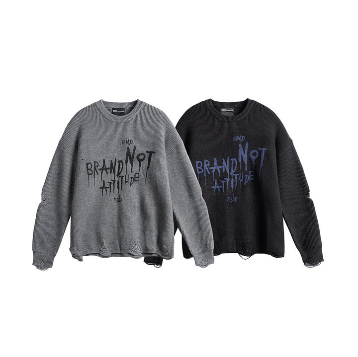 Unisex Oversize Knitted Sweater with Destroyed Details and Statement Print Mune Fashion