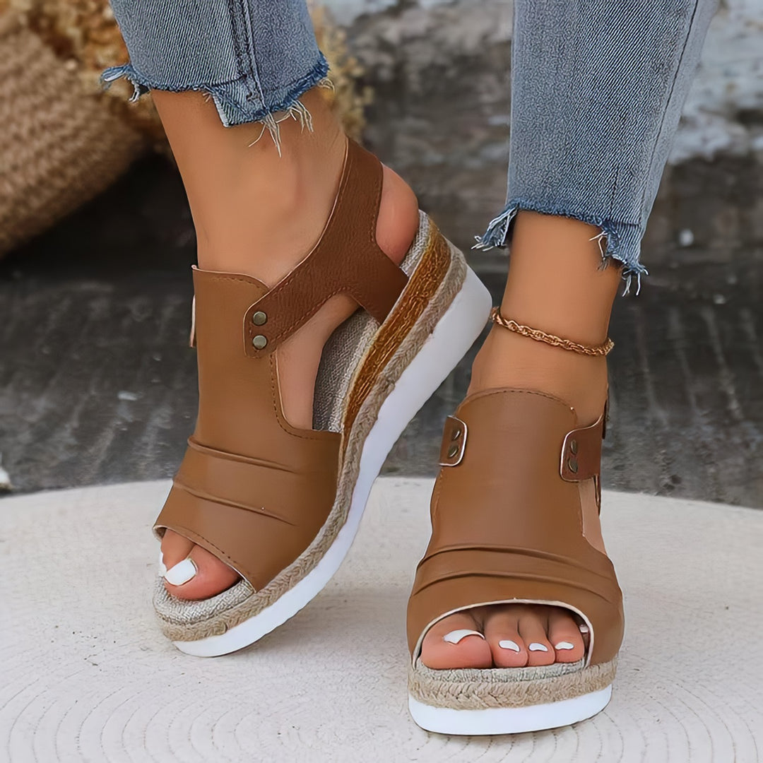 Women's wedge sandals with jute-wrapped espadrille platform, adjustable heel strap, and padded comfort footbed Mune Fashion