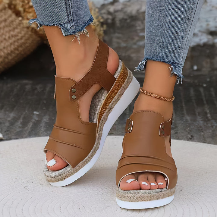 Women's wedge sandals with jute-wrapped espadrille platform, adjustable heel strap, and padded comfort footbed Mune Fashion