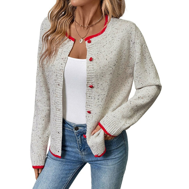 Women’s short-cut knitted cardigan with mélange bobble texture and contrasting cuffs Mune Fashion