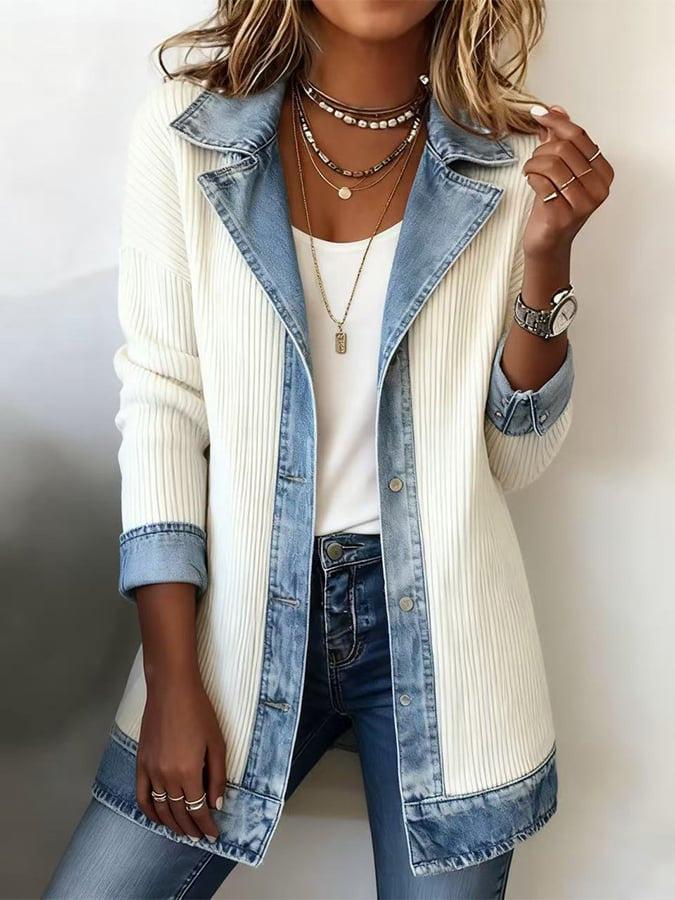 Women Long Knit Coat with Denim Collar Mune Fashion