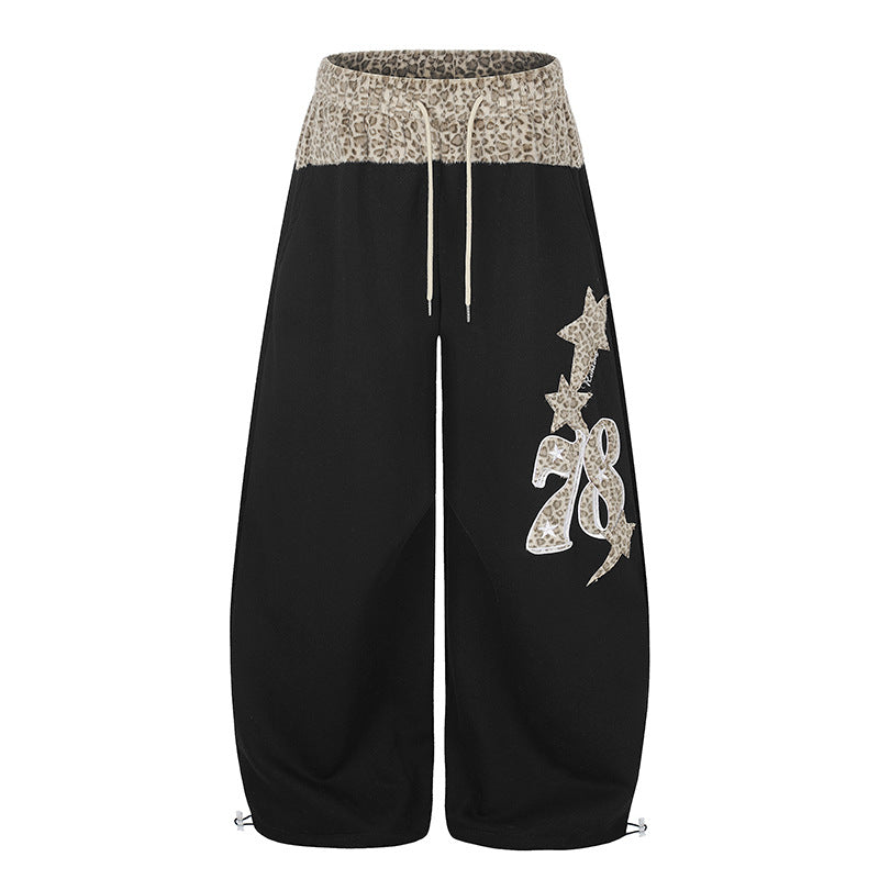 Women Extra Wide Palazzo Lounge Pants with High Comfort Waistband, Leopard Print Band and Decorative Star Number Appliqué Mune Fashion
