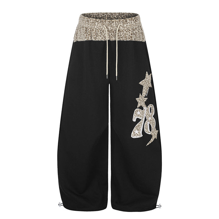 Women Extra Wide Palazzo Lounge Pants with High Comfort Waistband, Leopard Print Band and Decorative Star Number Appliqué Mune Fashion