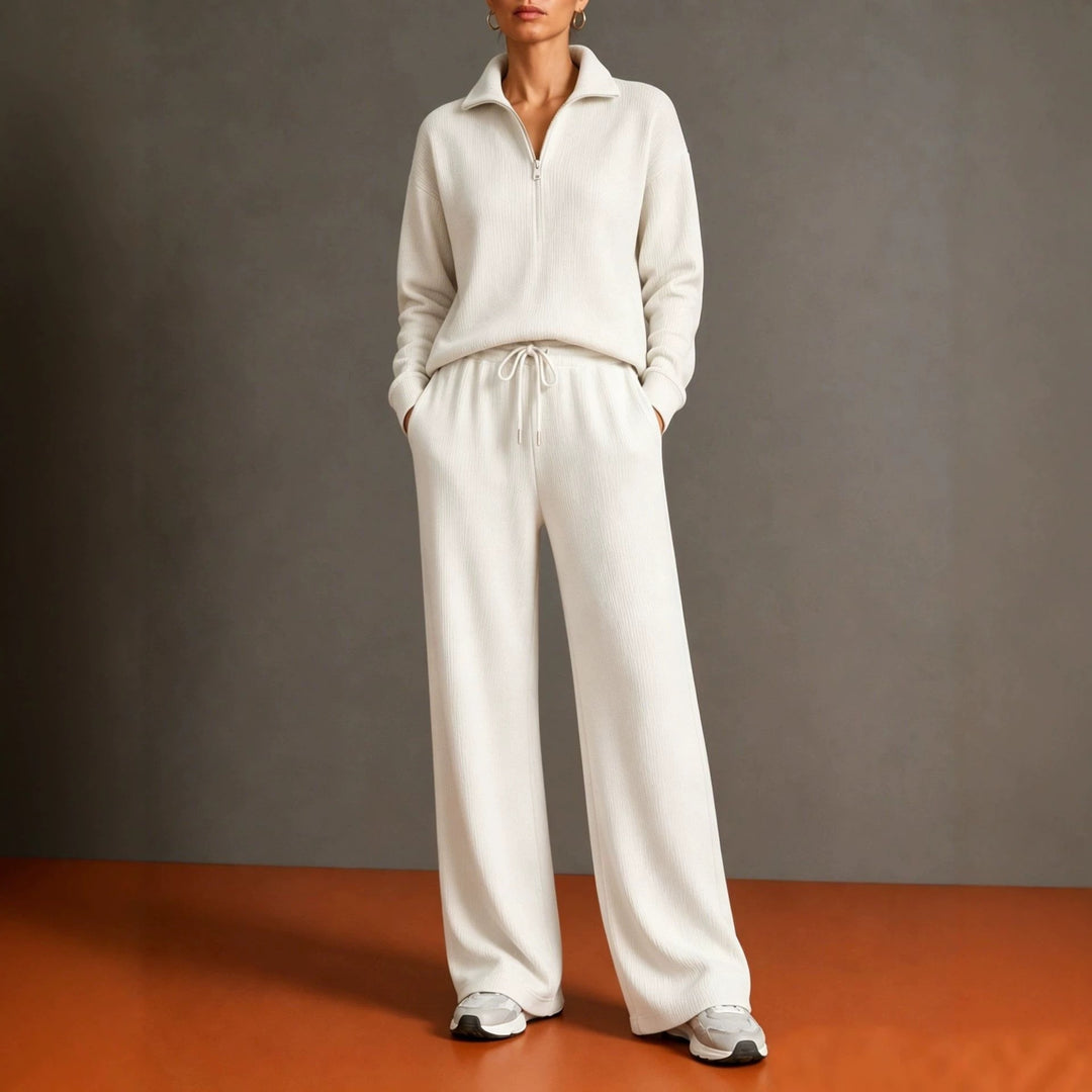 Women's cozy knit relax suit with half zipper, drawstring waistband, and wide leg Mune Fashion