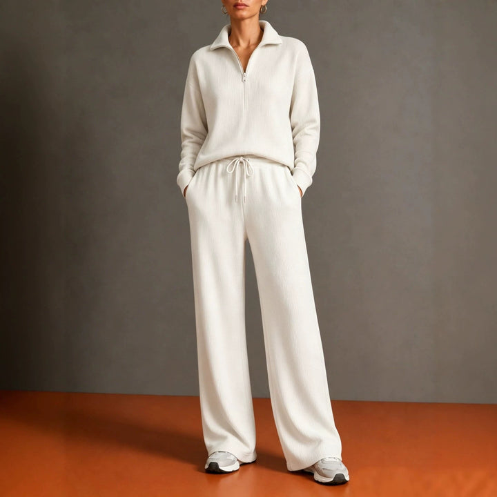 Women's cozy knit relax suit with half zipper, drawstring waistband, and wide leg Mune Fashion