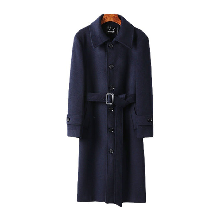 Men's tailored maxi long wool blend coat with tie belt and Kent collar Mune Fashion