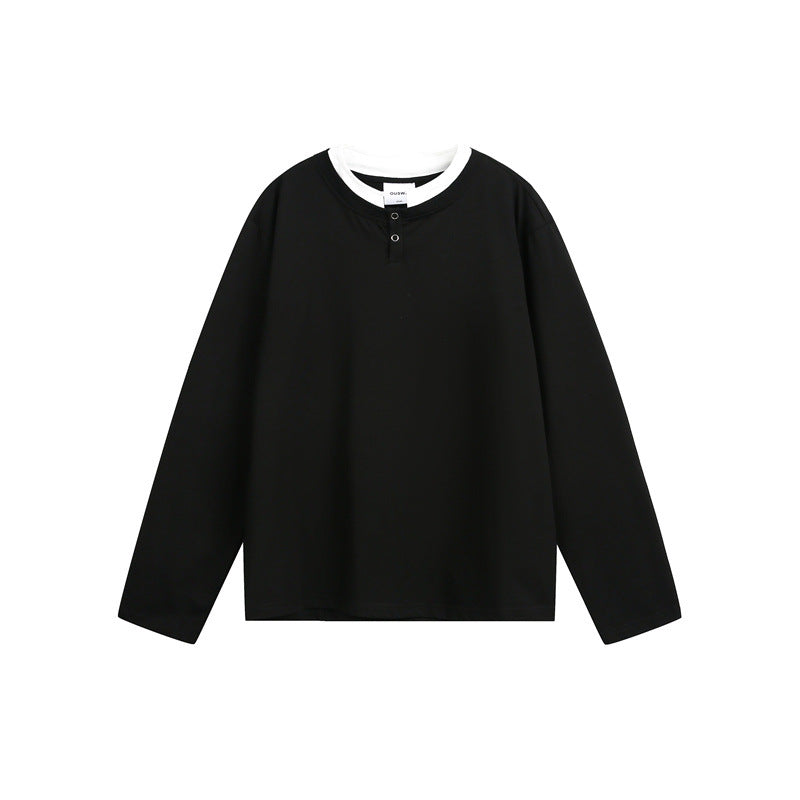 Unisex Casual Layering Henley Long Sleeve Shirt with Contrast Double Collar Mune Fashion