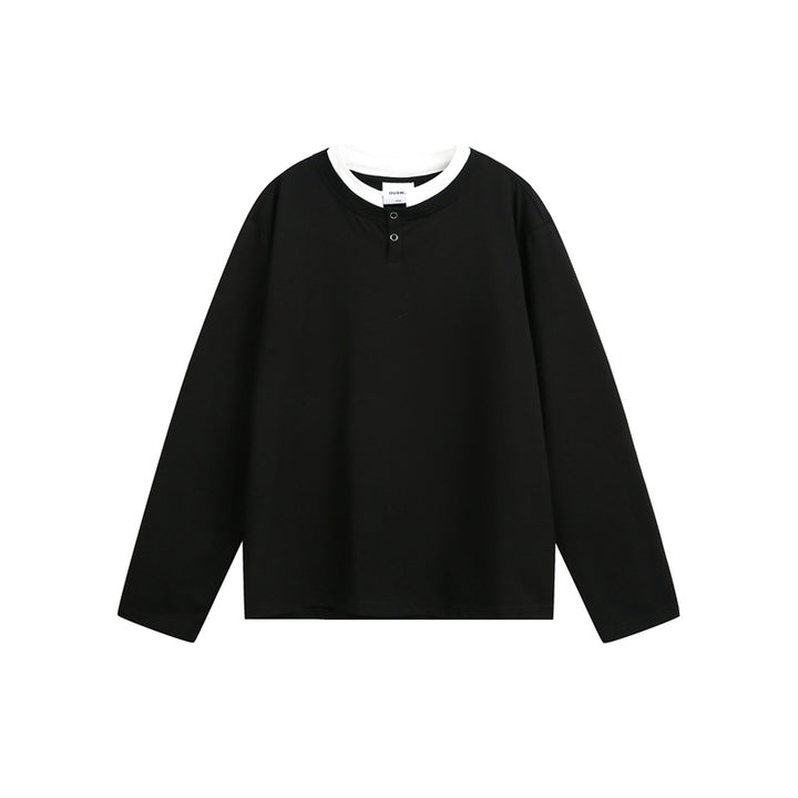 Unisex Casual Layering Henley Long Sleeve Shirt with Contrast Double Collar Mune Fashion